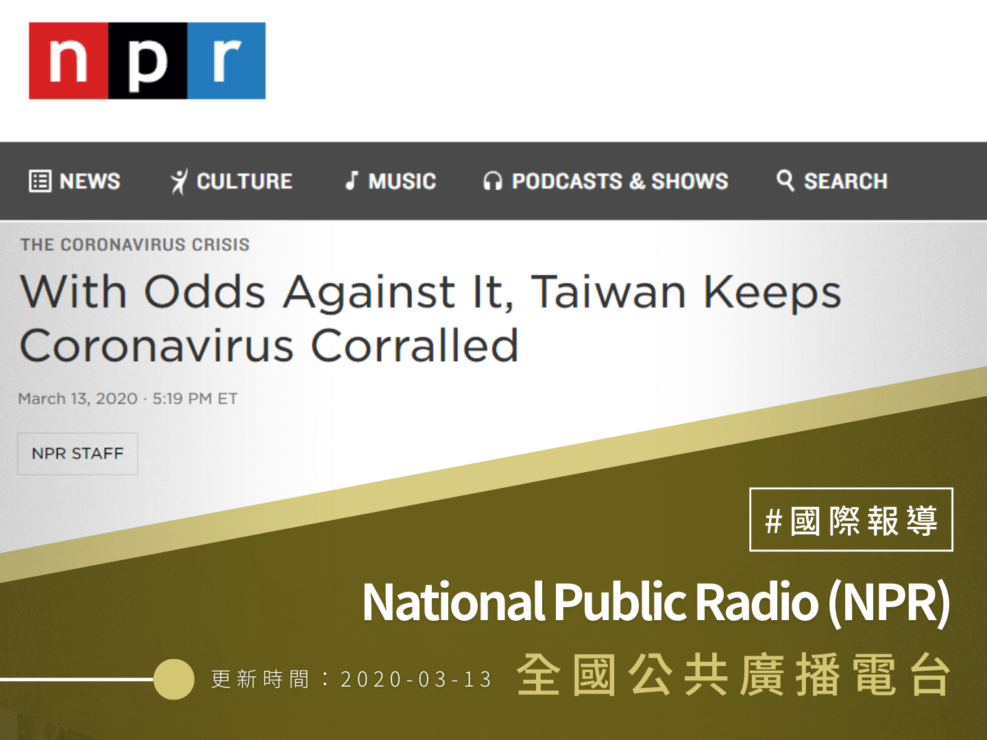 【NPR】With Odds Against It, Taiwan Keeps Coronavirus Corralled